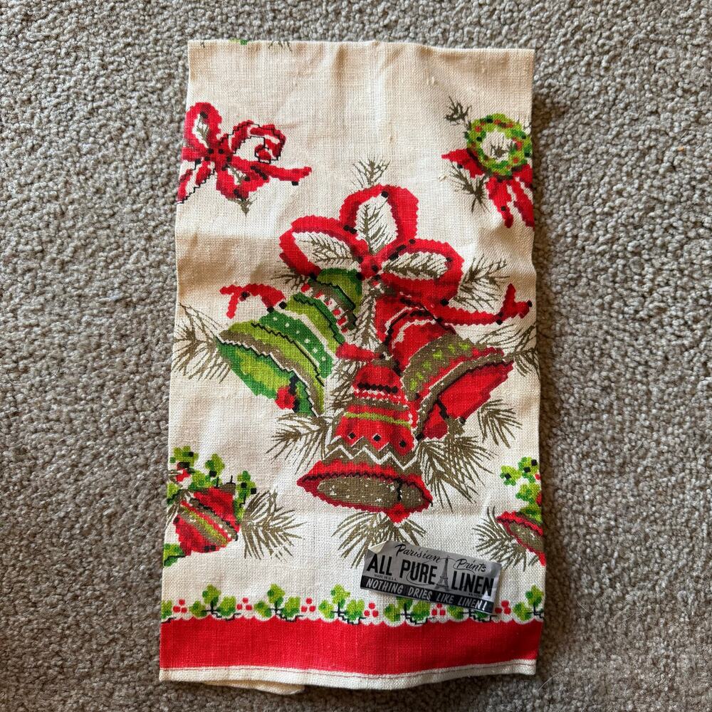 Vintage Parisian Prints All Pure Linen Christmas Bells Towel. New